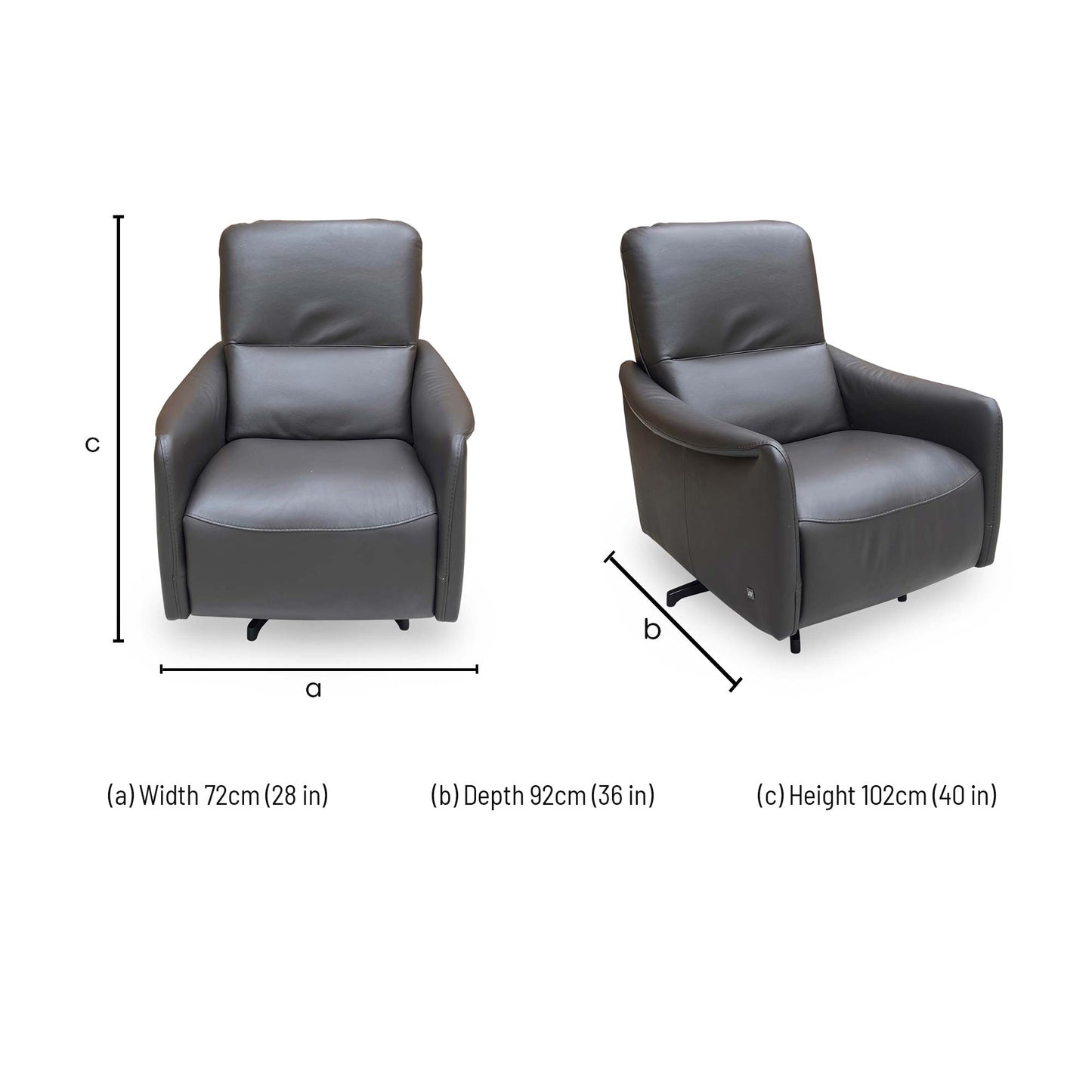 Dimensional diagram showing the width, depth, and height of the Viali Tatto swivel chair.