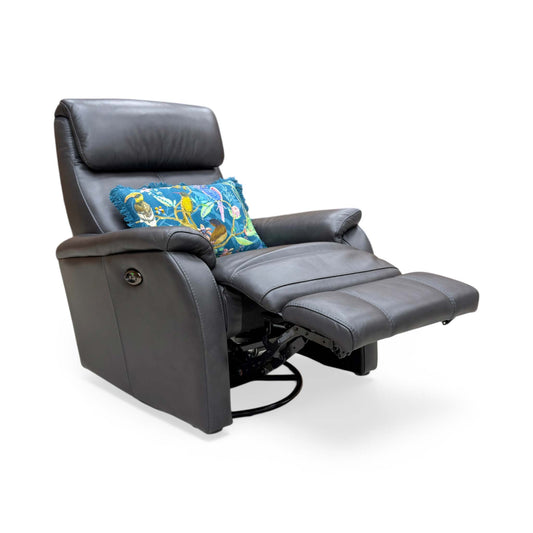 Full view of world of Leather 'Rowan' swivel rocker power recliner armchair in Carbon Grey leather.