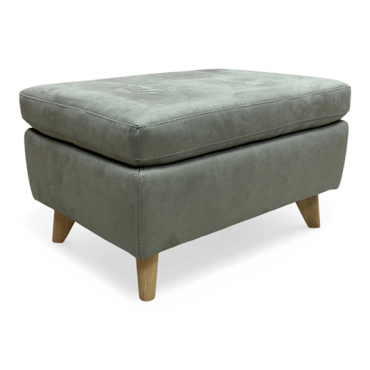 Full view of Malmo Scandi-inspired rectangular storage footstool in Olive Green fabric with a wooden tray top.
