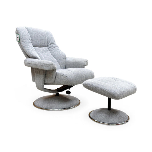 Full view of furniture Village 'Troyes' high-back 360 swivel chair and matching footstool in Chacha Dove fabric.