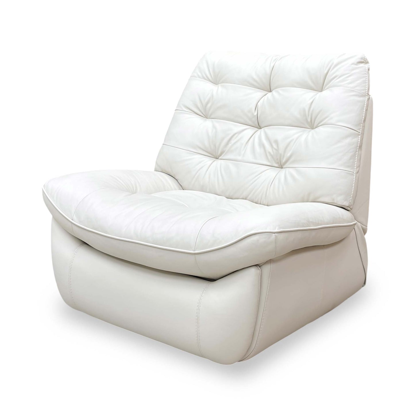 Low-angle view of the sturdy swivel base and reclining mechanism.