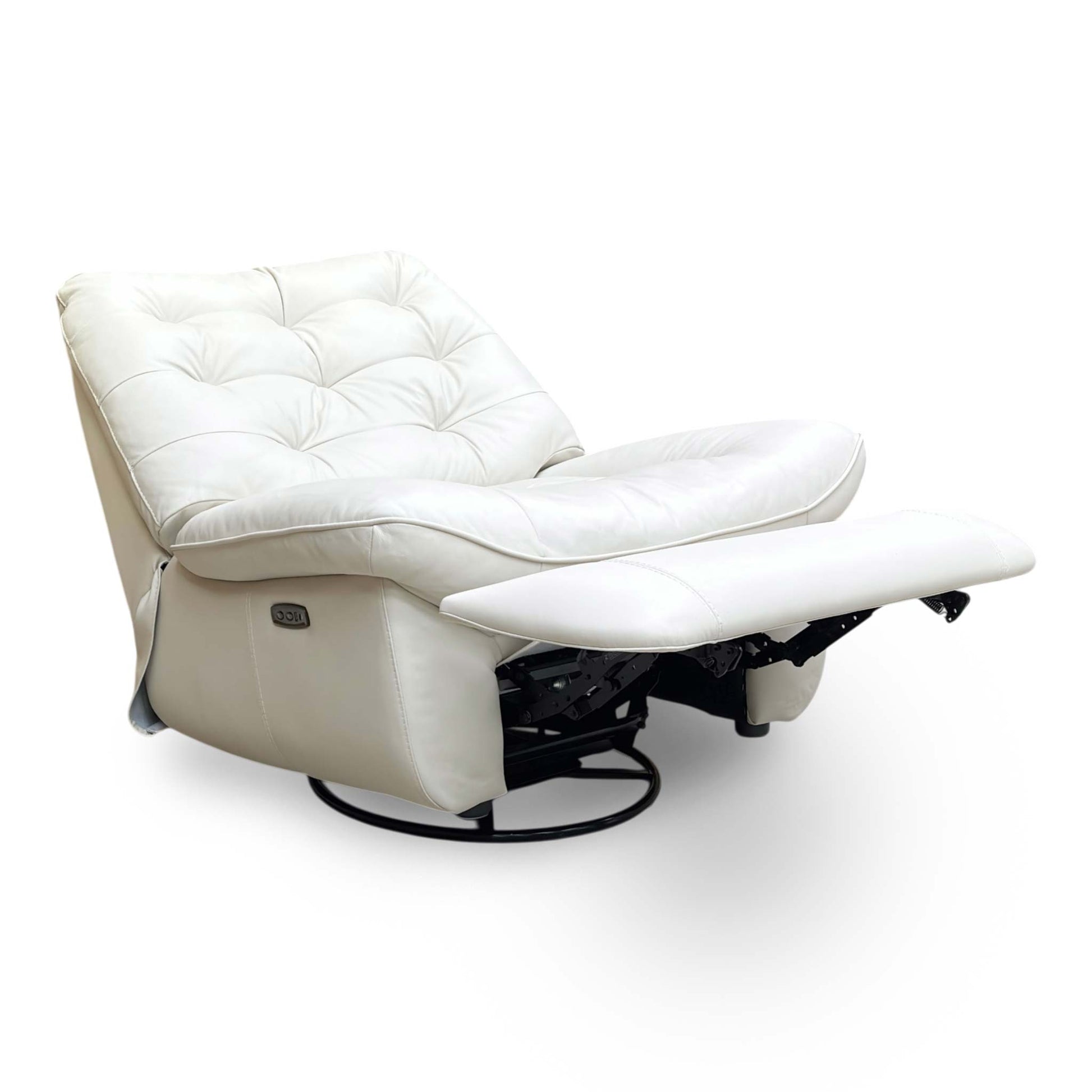 Full view of Ozzy swivel power recliner chair in Frost white leather with a buttoned back cushion.