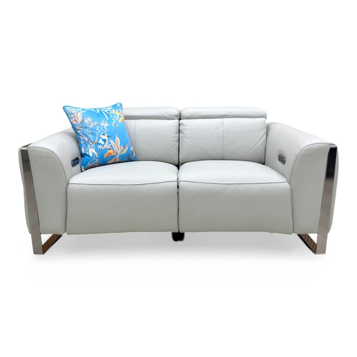 Front view of the light grey leather 2-seater sofa with geometric stitching details.