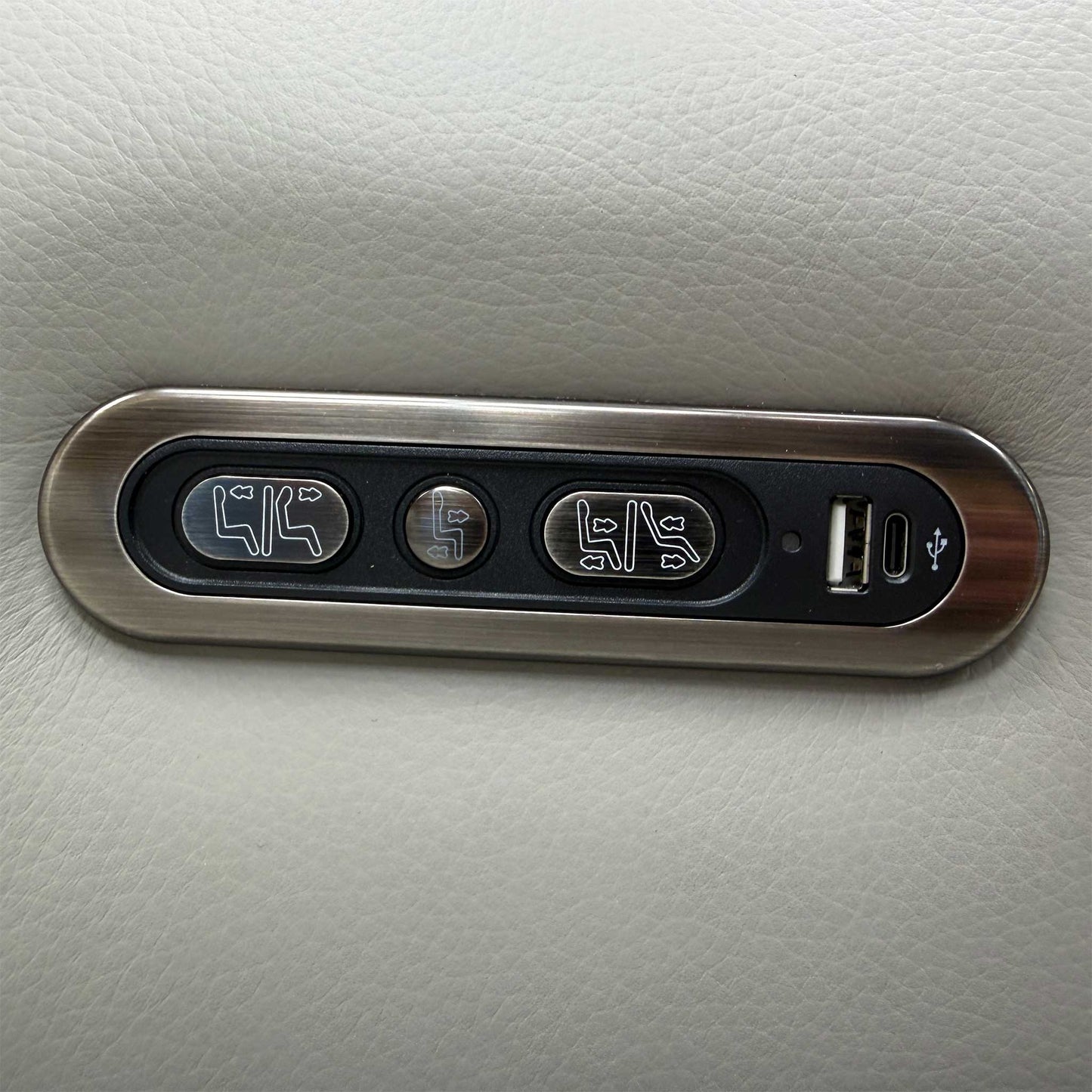 Detail view of the integrated power control panel and USB charging station.