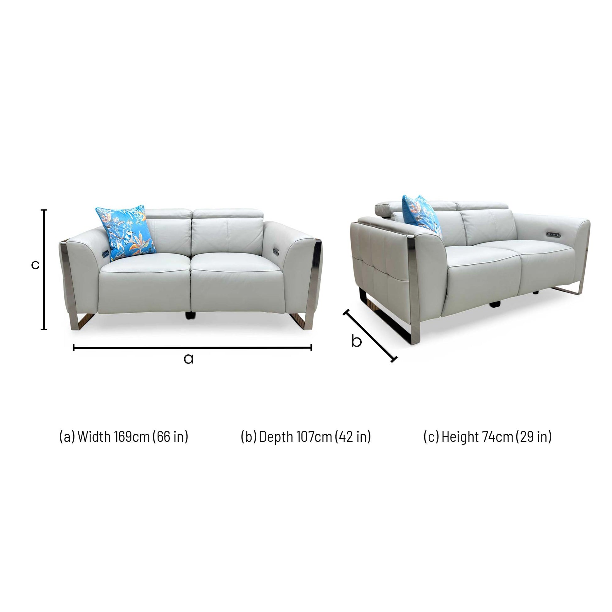 Dimension diagram for the Gisella light grey leather 2-seater power recliner sofa.