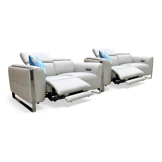 'Gisella' Cat-40/27 Light Grey Leather 2 + 2 Seater Power Recliner Sofa Set with Power Headrests