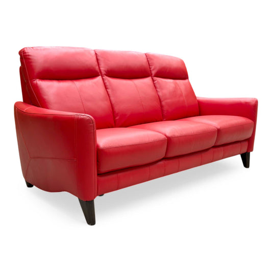 Full view of world of Leather Compact Collection 'Petit' 3-seater sofa in bold pure red leather.