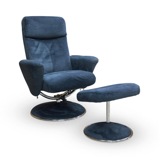 Full view of Nice swivel recliner chair and matching footstool in Deep Sea Blue velvet.