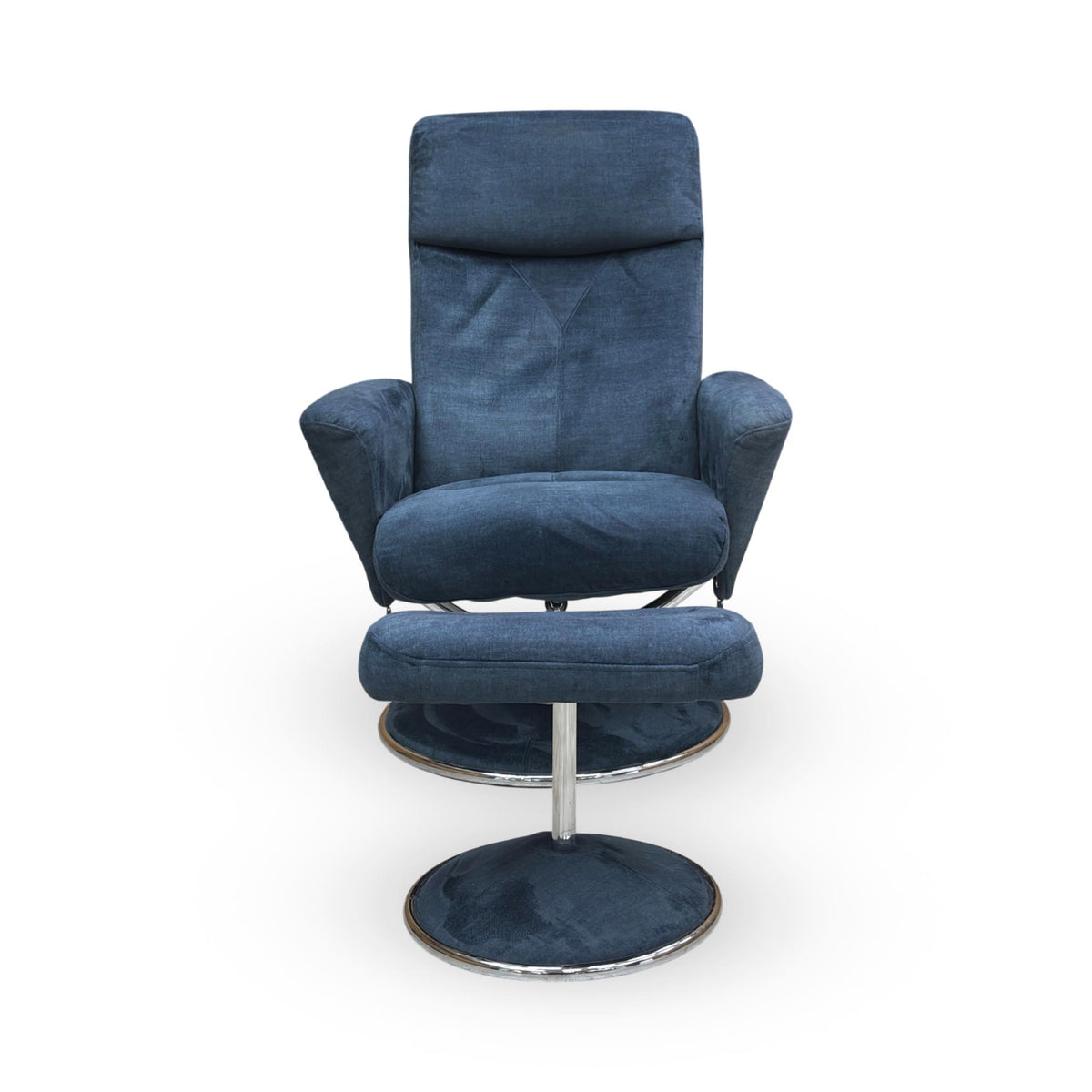 Frontal view of Nice swivel recliner chair and matching footstool in Deep Sea Blue velvet.