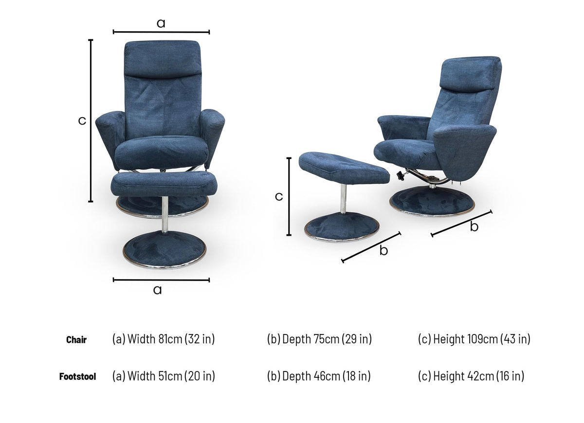 ‘Nice’ Deep Sea Blue Velvet Swivel Recliner Chair and Footstool Furniture Village