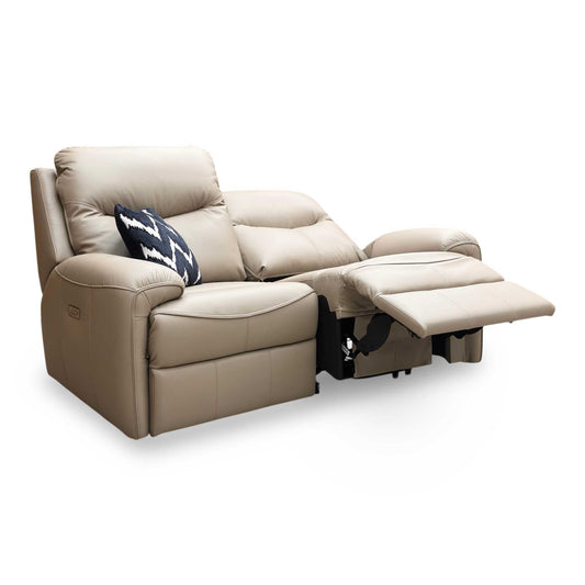Full view of G Plan Amesbury 2-seater power recliner sofa in Cambridge Taupe premium leather.