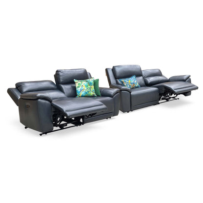 ‘Utah’ Natural Milled Navy Blue La-4828 Leather 3 + 3 Seater Sofa Power Recliner with Power Headrests and Power Lumbar