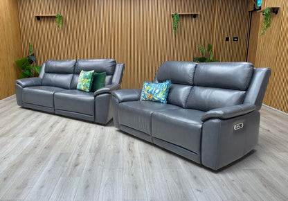 ‘Utah’ Natural Milled Navy Blue La-4828 Leather 3 + 3 Seater Sofa Power Recliner with Power Headrests and Power Lumbar - product photo 2