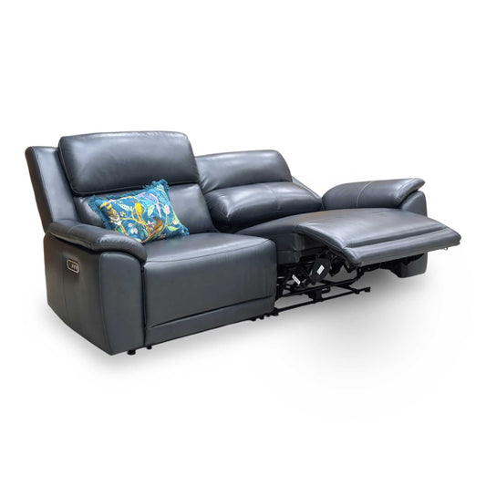 Full view of Utah 3-seater power recliner sofa in Natural Milled Navy Blue leather.