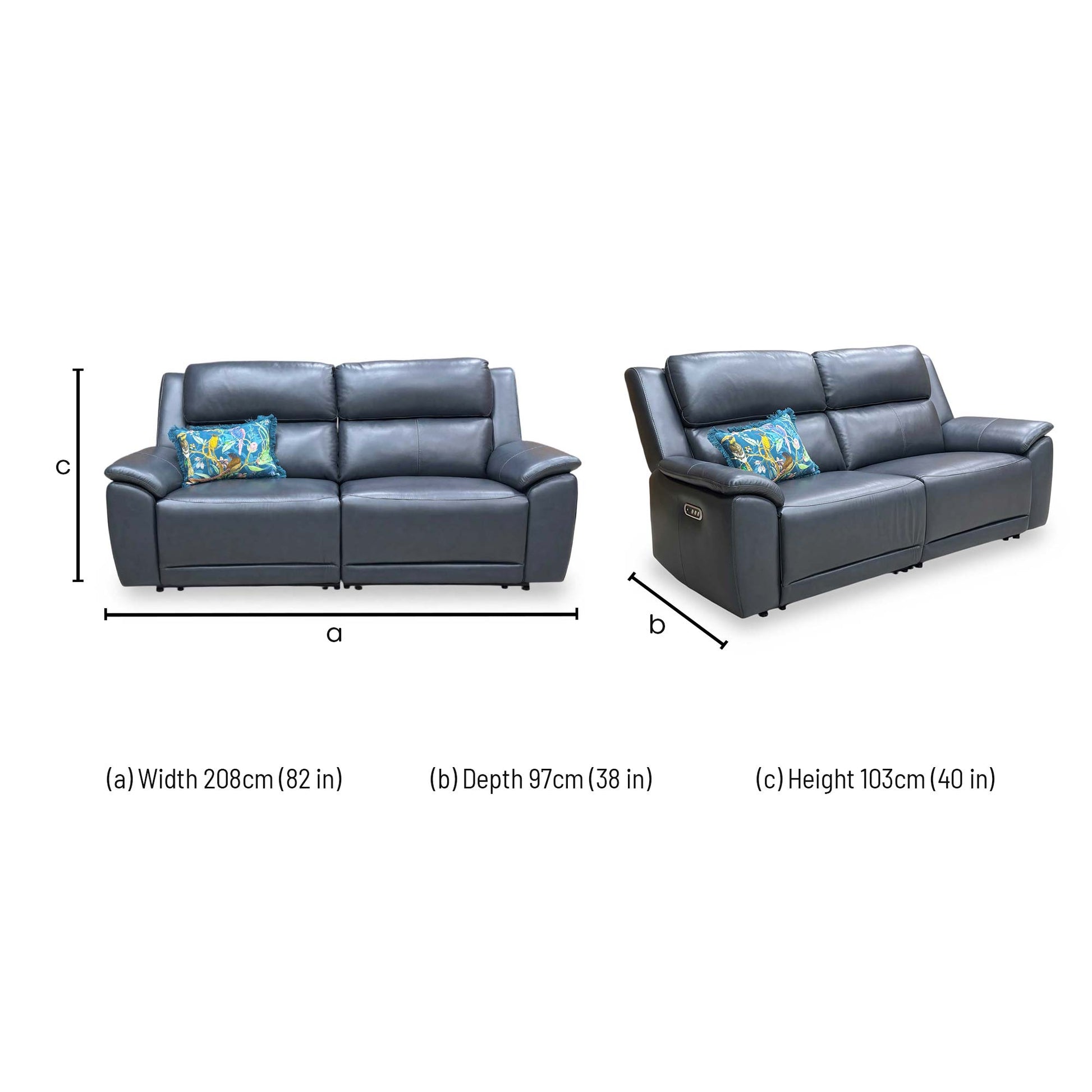 Dimension diagram for the Utah Navy Blue Leather 3 Seater Power Recliner Sofa.