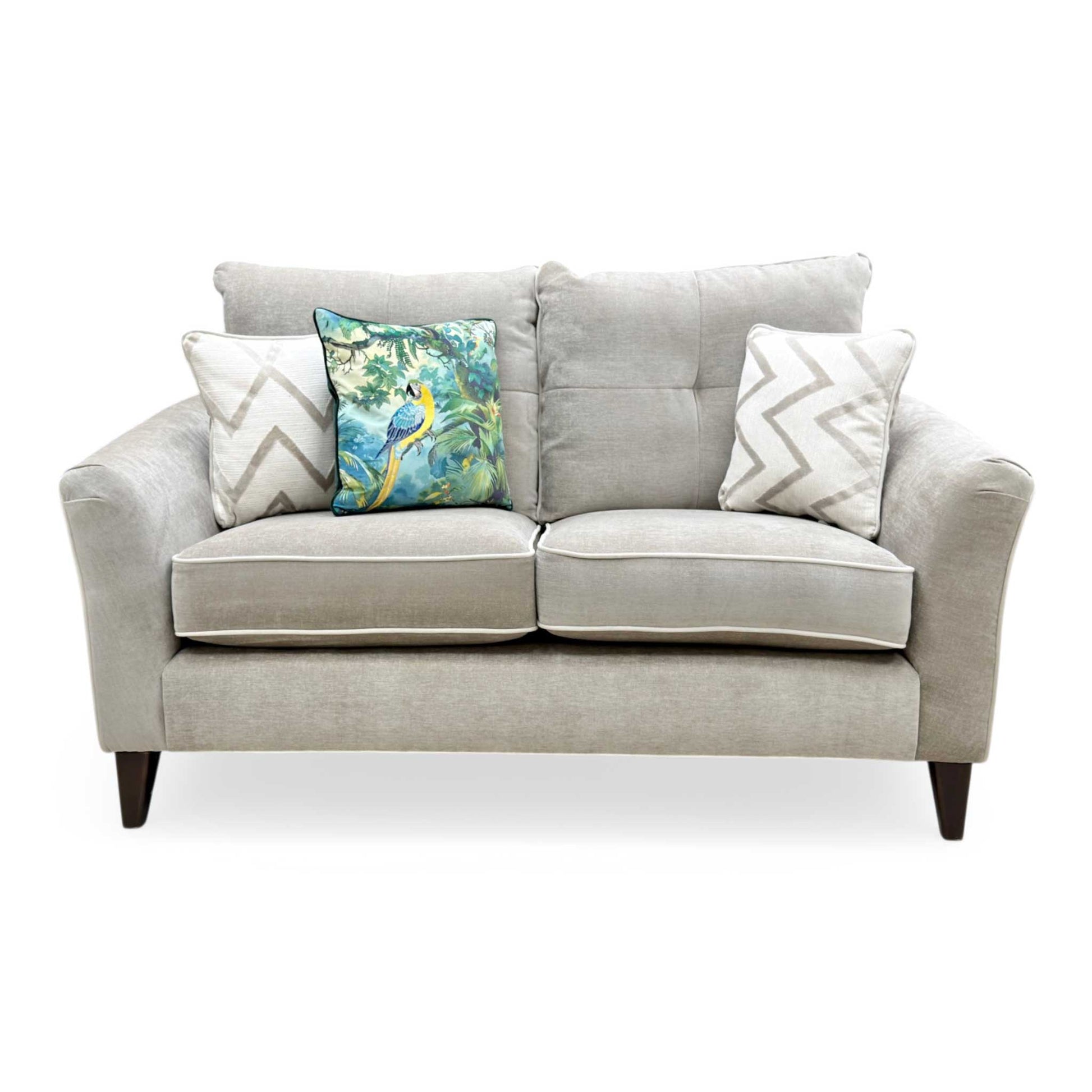 Front view shot of the high-quality linen fabric texture and reversible fiber-filled back cushions.