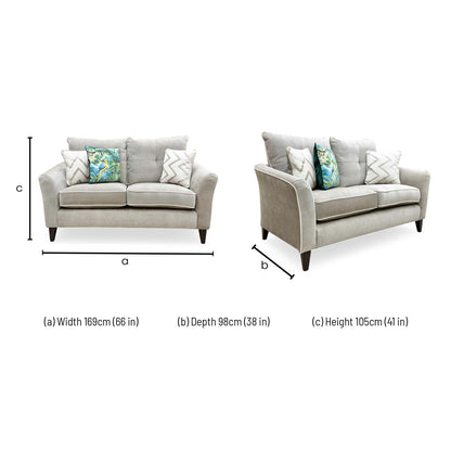 Dimension diagram for the Soho Garda Acier linen fabric 2-seater classic back sofa.
