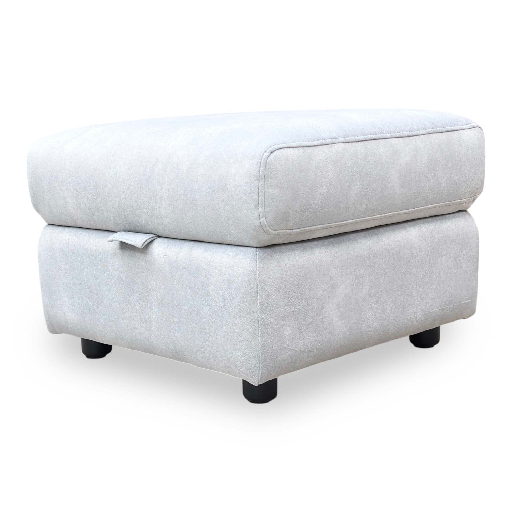 Side view of the footstool showing the clean lines and modern fabric finish.