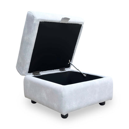 Side profile of the Sloane storage footstool in smoke velvet.