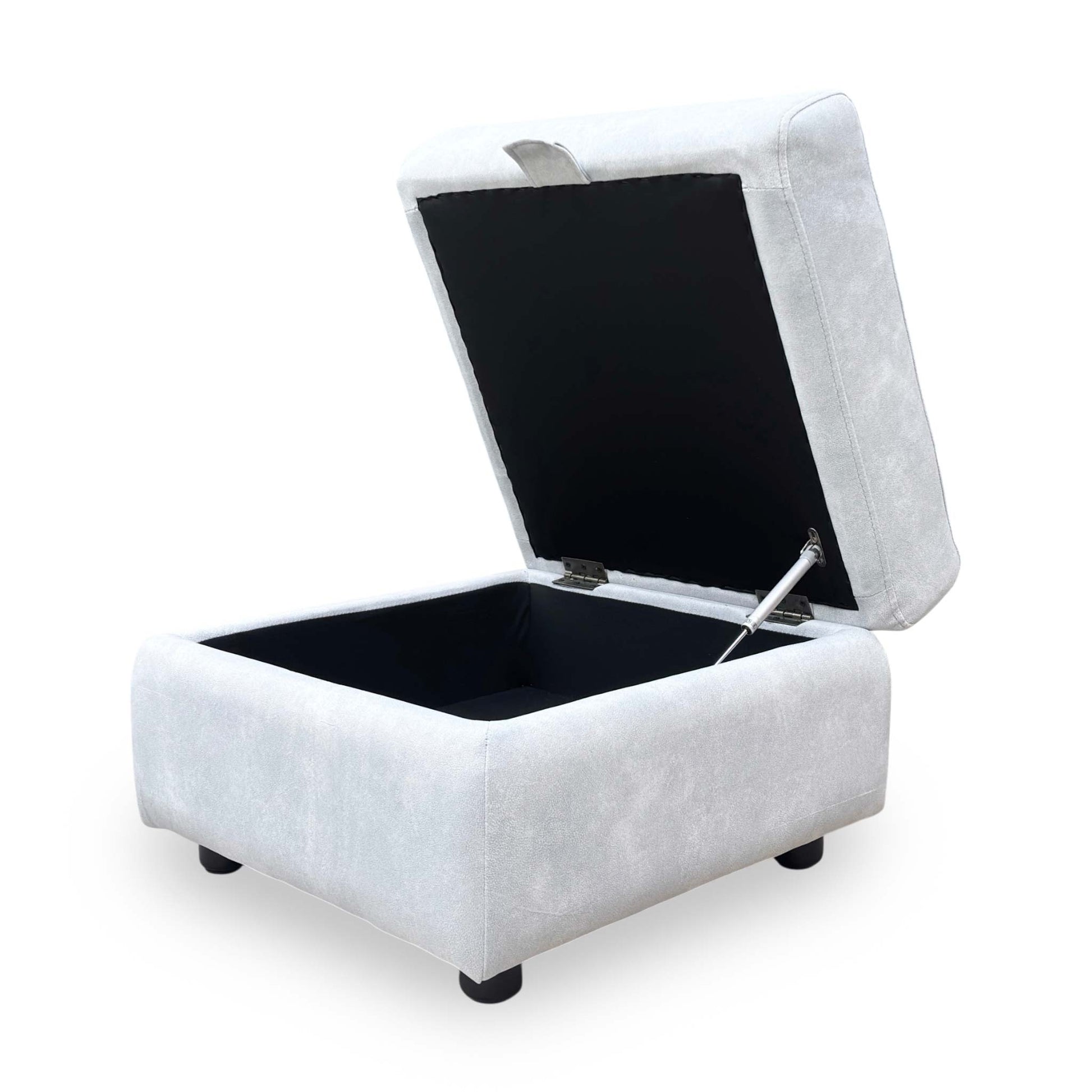 Side profile of the Sloane storage footstool in smoke velvet.