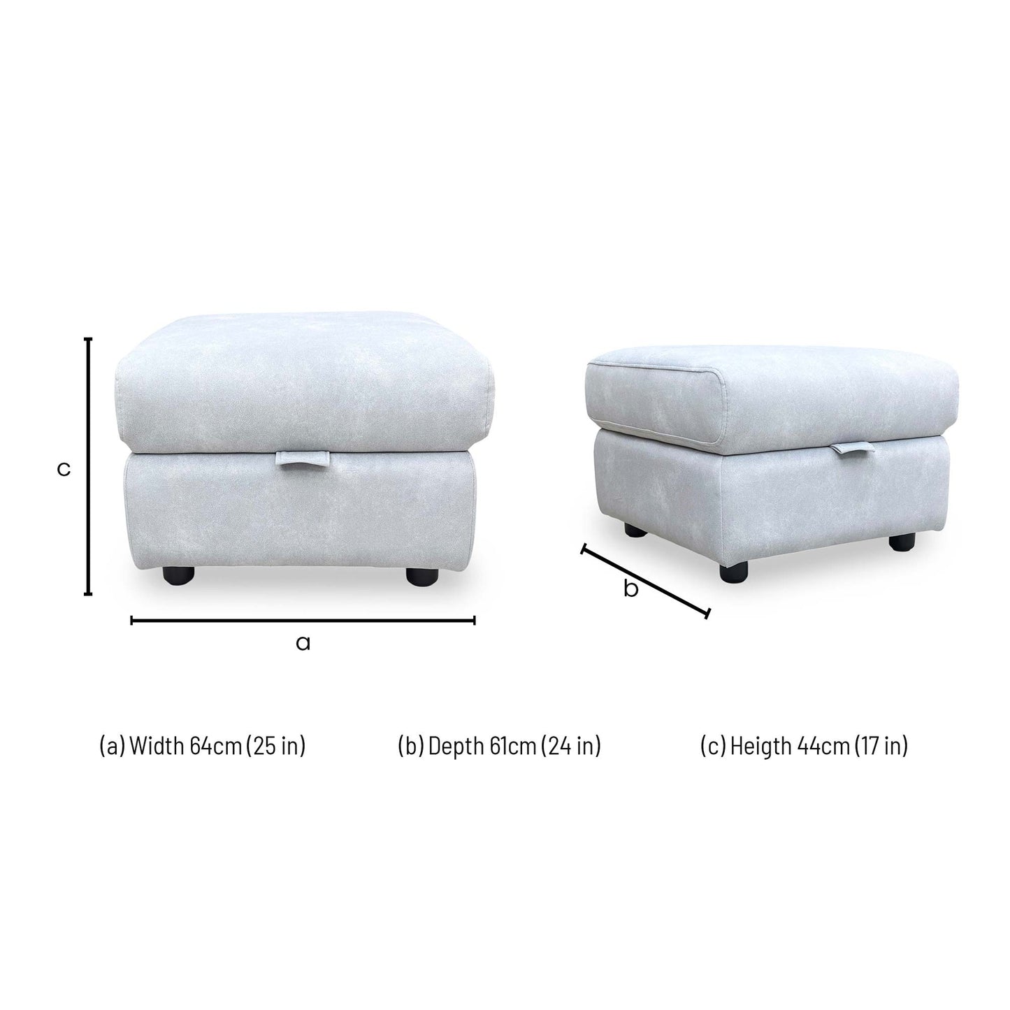 Dimension diagram for the Sloane 43516 Dexter Smoke Velvet Storage Footstool.