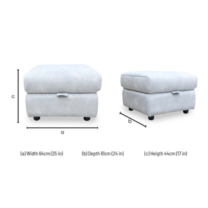 Dimension diagram for the Sloane 43516 Dexter Smoke Velvet Storage Footstool.