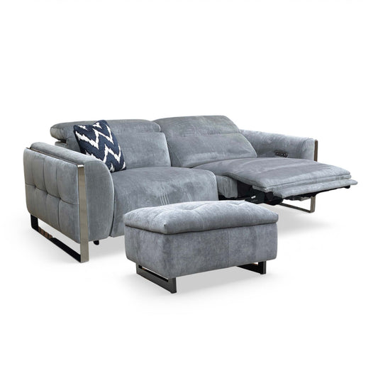 ‘Gisella’ Manhattan Charcoal Grey 58003 Linen Fabric 3 Seater Power Recliner Sofa with Power Headrests with Footstool