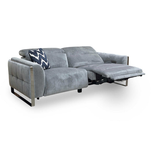 Full view of Gisella 3-seater power recliner sofa in Manhattan Charcoal Grey linen fabric with power headrests.