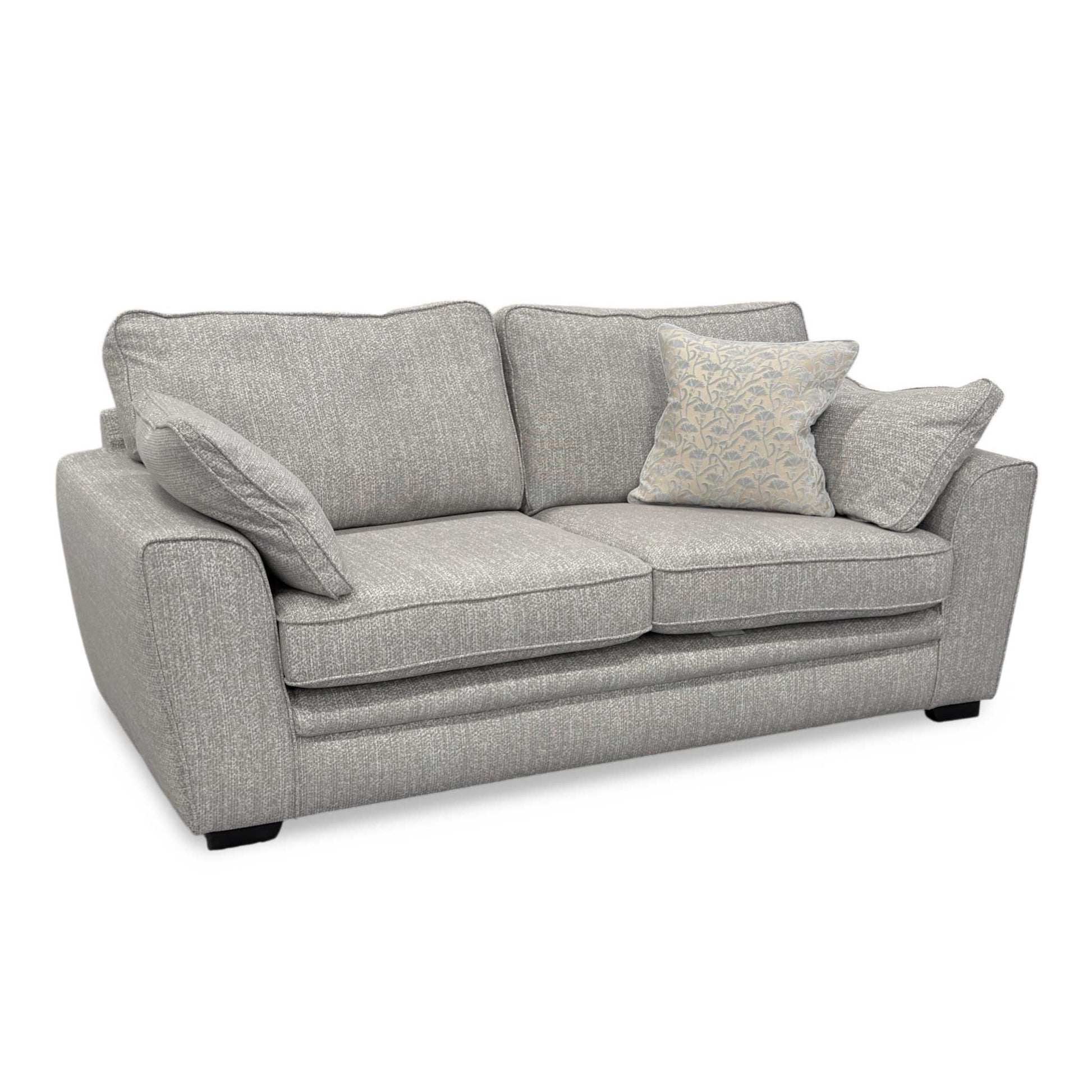 Full view of the Chalfont 3-seater sofa in Tamango Grey weave fabric, featuring a classic silhouette with plush piped cushions and dark wood tapered legs.