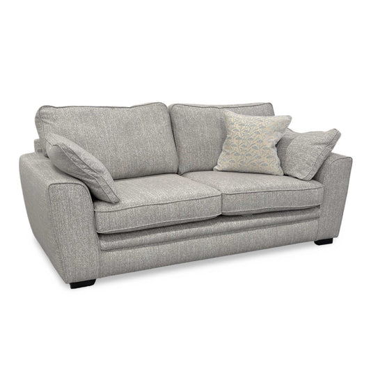 Full view of the Chalfont 3-seater sofa in Tamango Grey weave fabric, featuring a classic silhouette with plush piped cushions and dark wood tapered legs.
