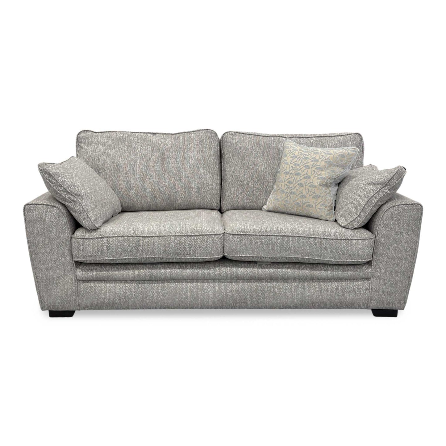 Front-facing view of the Chalfont Grey sofa, showcasing the symmetrical two-over-two cushion design and the spacious seating area for three people.