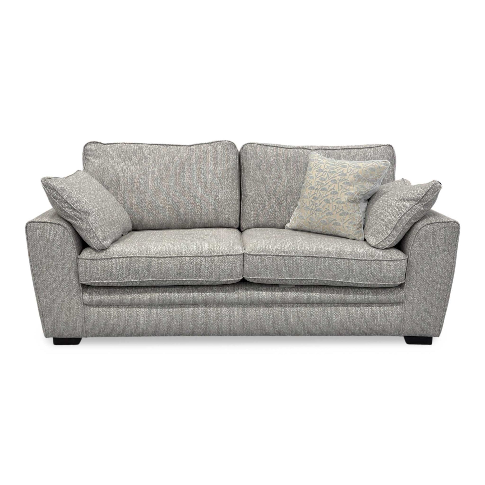 Front-facing view of the Chalfont Grey sofa, showcasing the symmetrical two-over-two cushion design and the spacious seating area for three people.