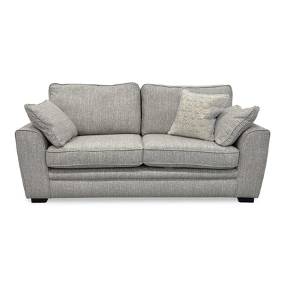 Front-facing view of the Chalfont Grey sofa, showcasing the symmetrical two-over-two cushion design and the spacious seating area for three people.