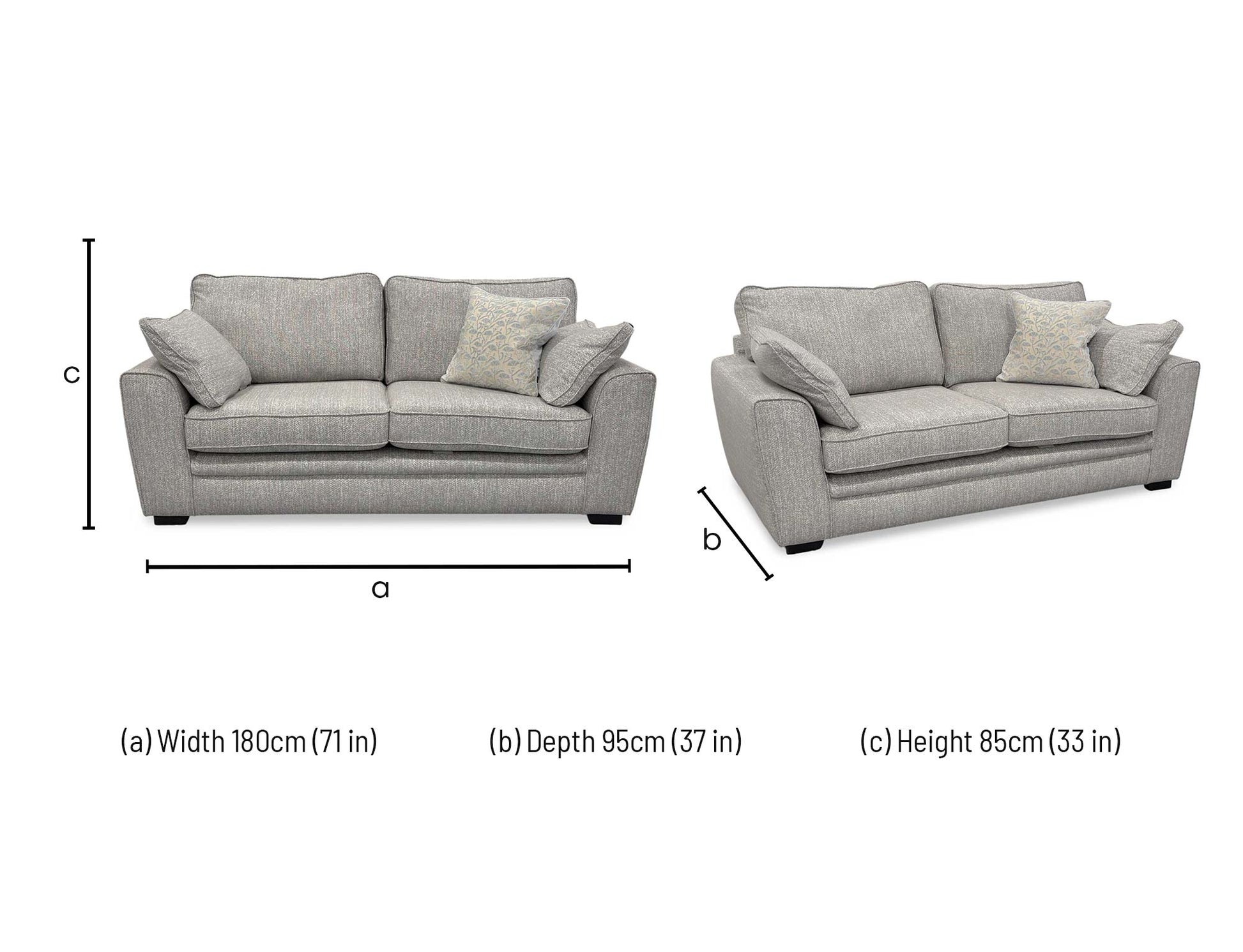 Technical dimension diagram for the Chalfont Tamango Grey 3-Seater Sofa: Width 200cm, Depth 95cm, Height 90cm.
