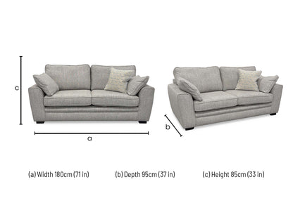 Technical dimension diagram for the Chalfont Tamango Grey 3-Seater Sofa: Width 200cm, Depth 95cm, Height 90cm.
