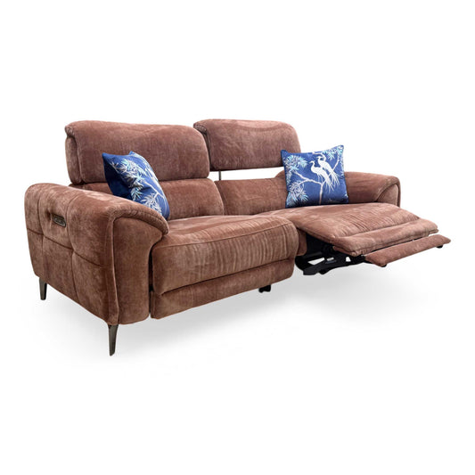 Full view of the 'Vino' 3-seater power recliner sofa in Burnt Sienna linen fabric, featuring metal legs and piped edges.