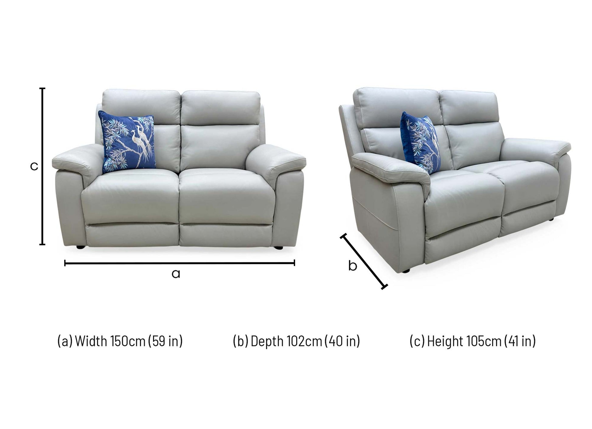 Dimensions diagram for the Raven 2-seater sofa: 150cm width, 102cm depth, and 105cm height.