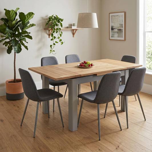 Dining room view for the Lewis solid oak table, highlighting the space-saving draw-leaf extension mechanism and durable hardwood construction.