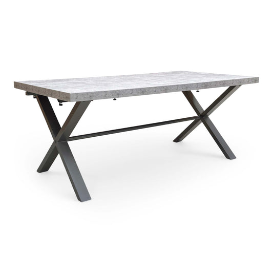 Full view of the Moon 190cm fixed dining table featuring a modern grey concrete-effect top and a chunky black metal industrial frame.