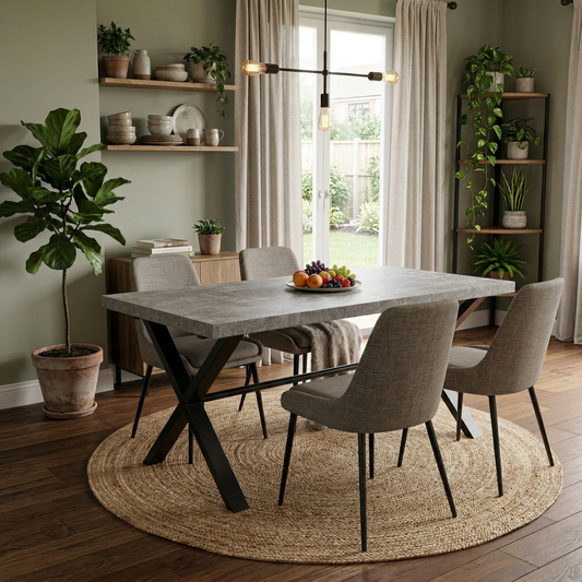 Dining room view for the Moon 190cm dining table, highlighting the hardwearing concrete-look surface and contemporary urban design.