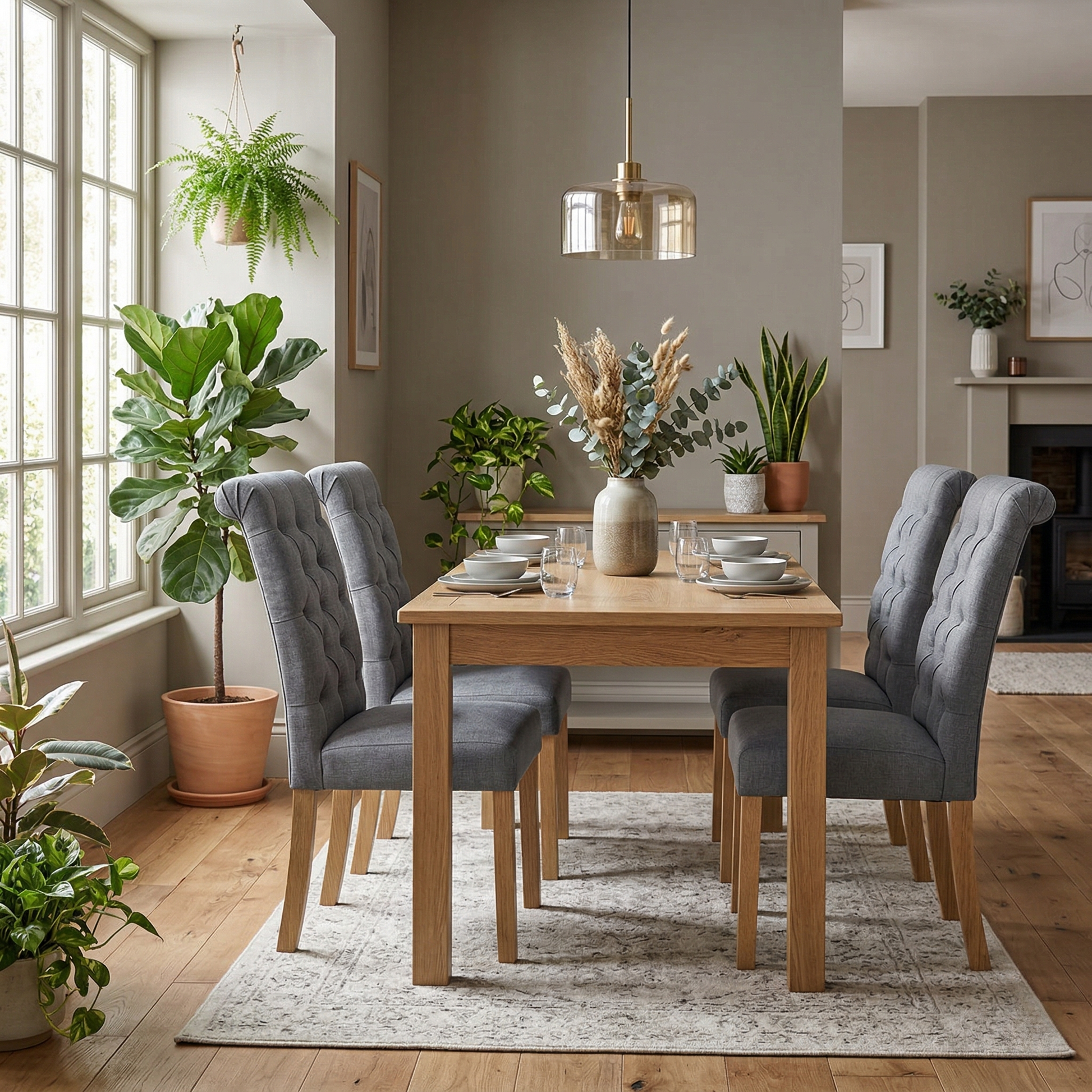Dining room view of the charcoal grey fabric and durable stitching, showcasing the high-quality finish of the set.