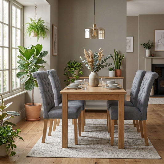 Dining room view of the charcoal grey fabric and durable stitching, showcasing the high-quality finish of the set.