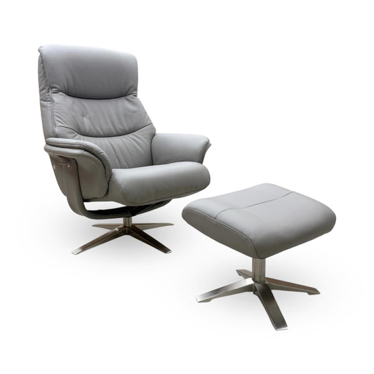 'Lindos' Platinum Grey Leather Swivel Chair and Footstool