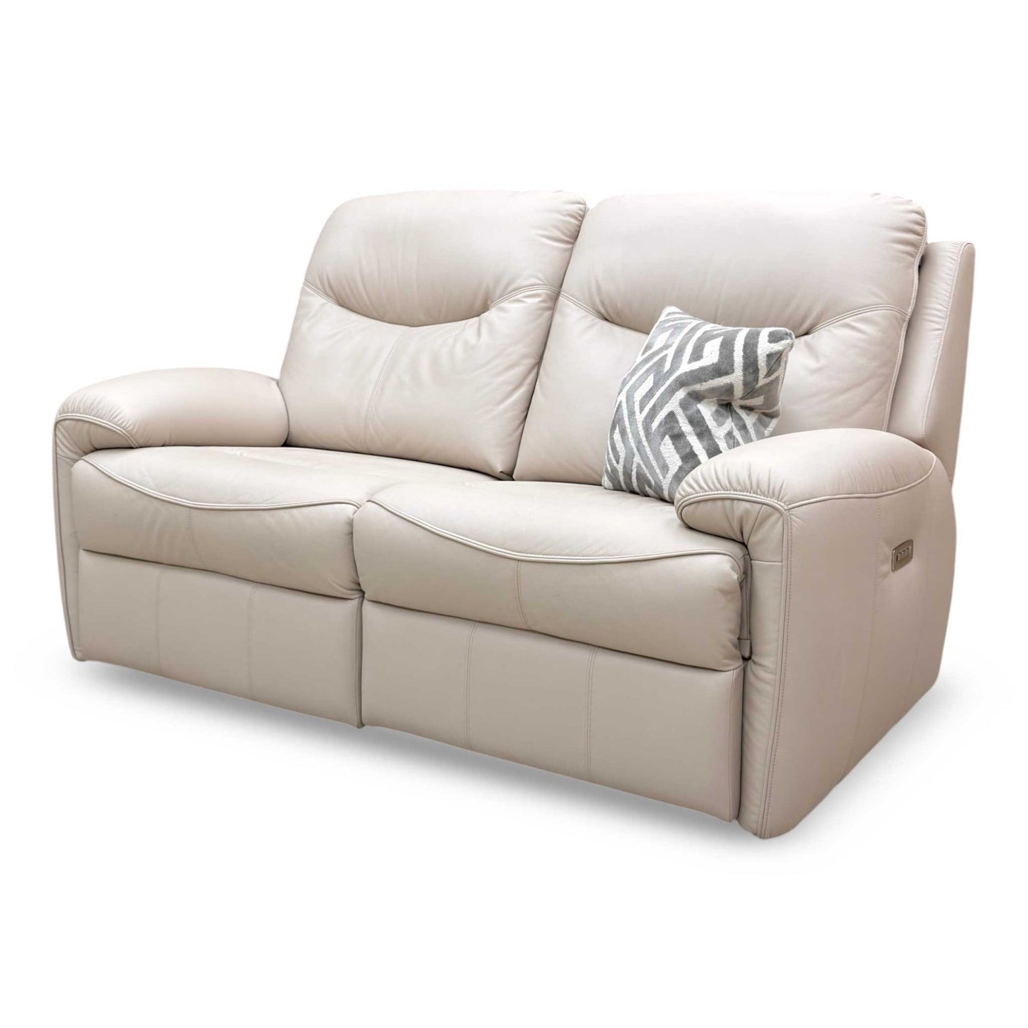 Side view of the distinctive arm cushion design and premium Plaster Beige fabric upholstery.
