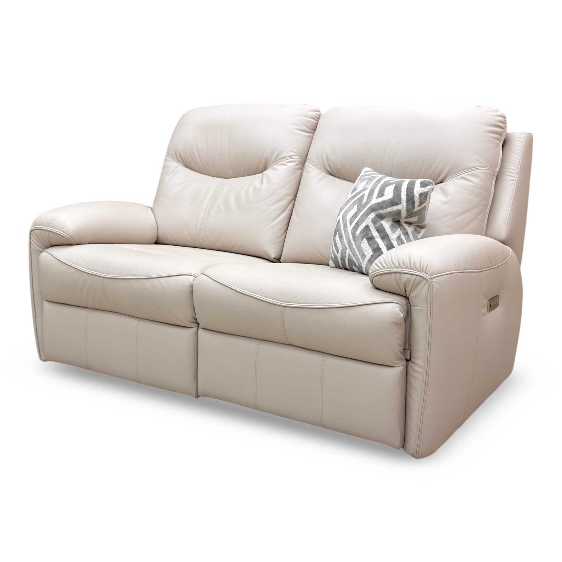 Side view of the distinctive arm cushion design and premium Plaster Beige fabric upholstery.