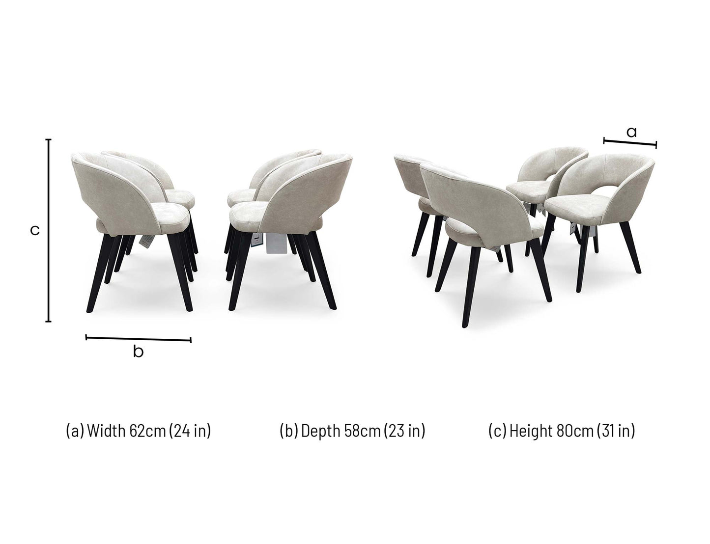 dimensions and structural blueprint for a single Furniture Village Stone International ‘Goya’ R066 Vintage Taupe Fabric Fixed Dining Chair.