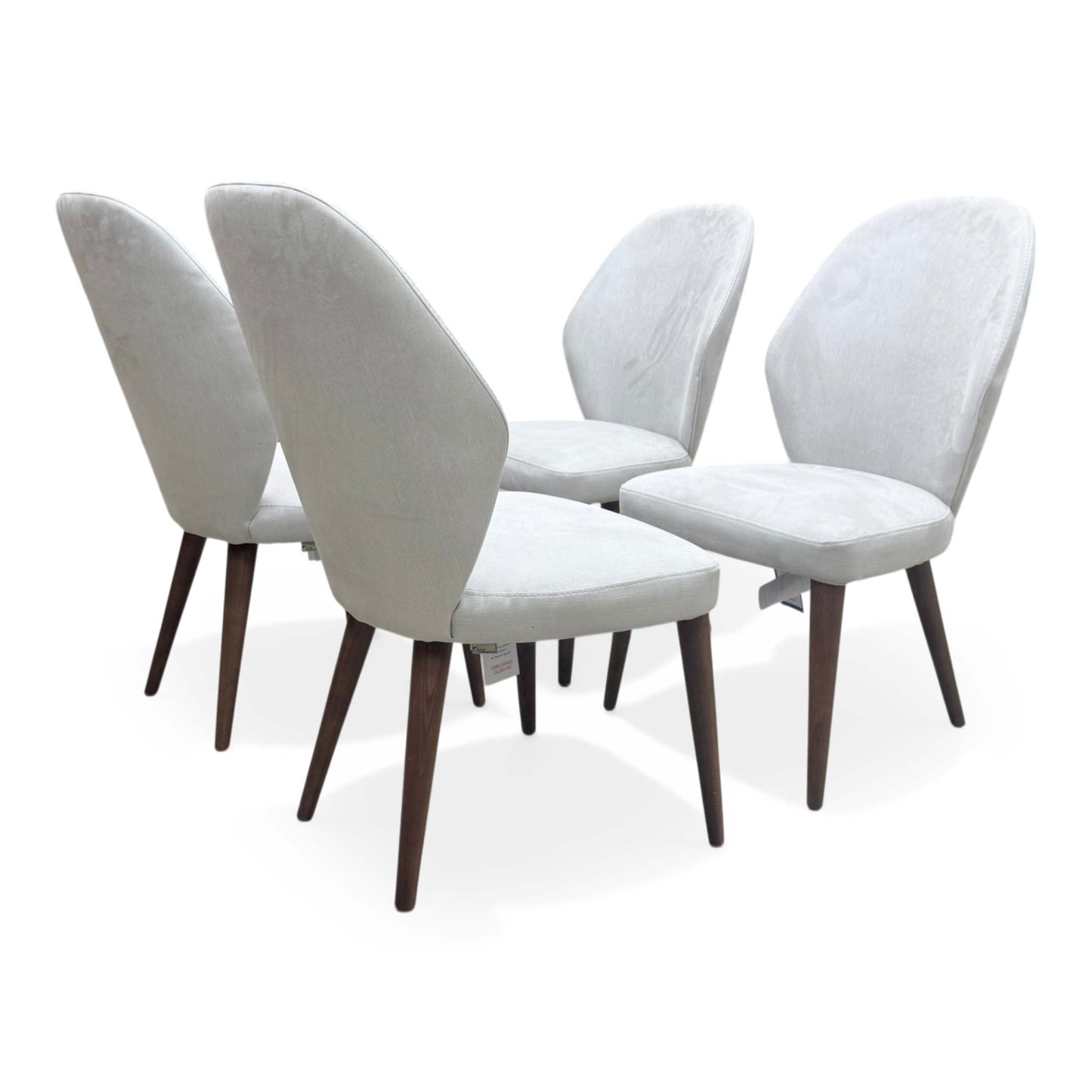 Full view of the Empire dining chair in Satin Light Grey fabric, featuring a tall supportive backrest and dark slender wooden legs.