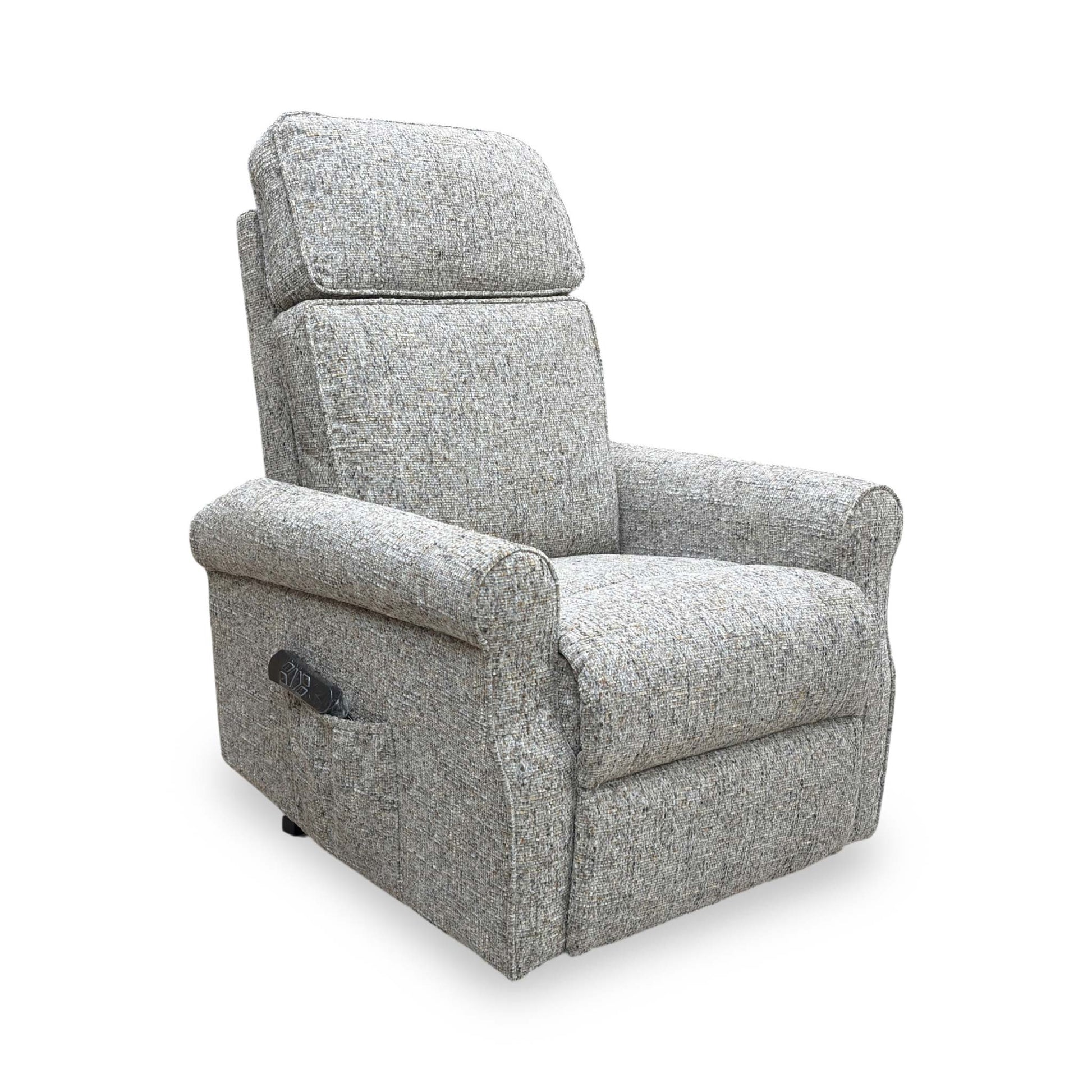 Side profile of the recliner in its standard upright seated position.