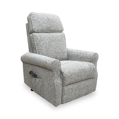 Side profile of the recliner in its standard upright seated position.