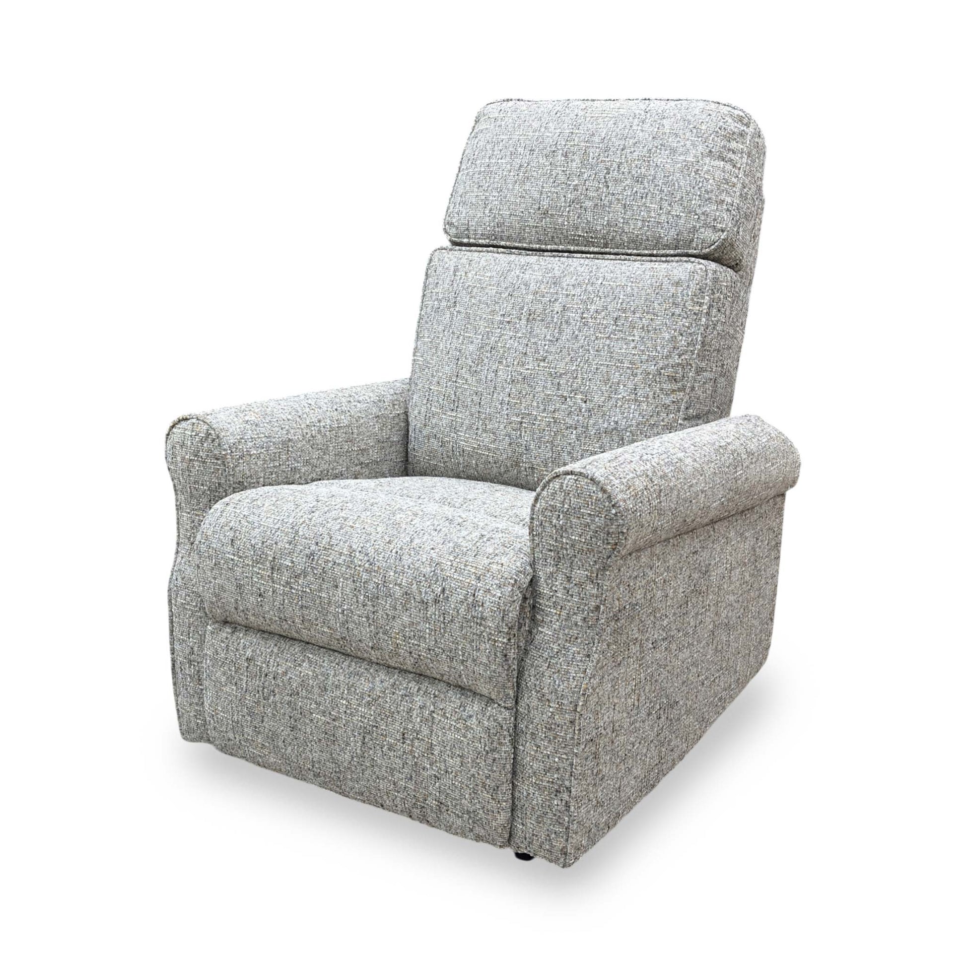 Side profile of the recliner in its standard upright seated position.